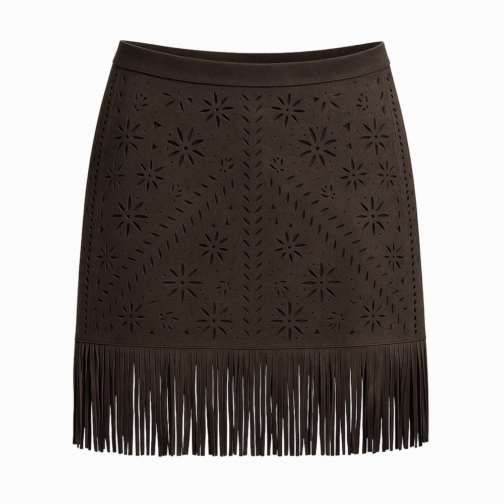 ADORE Faux Suede Laser Cut Floral Fringe Skirt Size L Straight‎ Pencil Western